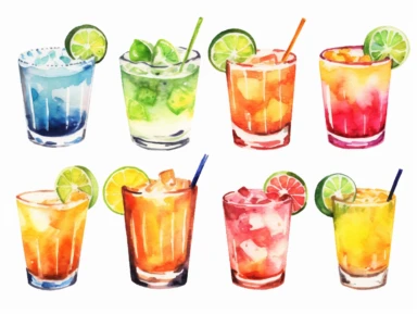 Watercolor clip art on white background, Margaritas Clipart, high-resolution image with vibrant and true-to-life colors, isolated