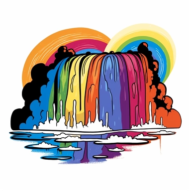 very simple yet funky clipart comic image of a 60s style waterfall with rainbow water a white background