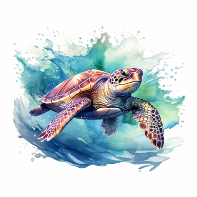 a sea turtle swimming amidst ocean waves clipart, white background, watercolor drawing