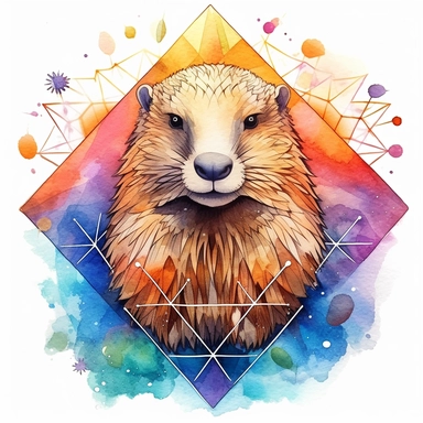 Watercolor clipart of geometric celestial beaver, intricate sacred geometrical patterns, vibrant chakra colors, on white background