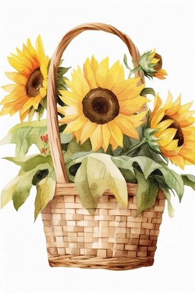 A bamboo basket containing sunflowers, white background, watercolour clipart, cartoon, full length, 4K, sharp focus, watercolour, bright tones, soft light, superb detail, ultra high definition detail, ultra high definition, epic detail, watercolour style