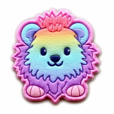 puffy raised 3D embroidered patch of duotone cute fuzzy lion neon and pastel cute on blank empty white background clip art