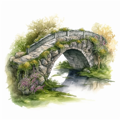 watercolor, hyper realistic, white background, white margins, 16k, ultra detailed clipart, cut out image, hand-drawn, whimsical an enchanted bridge with a moss-covered stone archway and delicate flowers growing along the edges of the bridge.