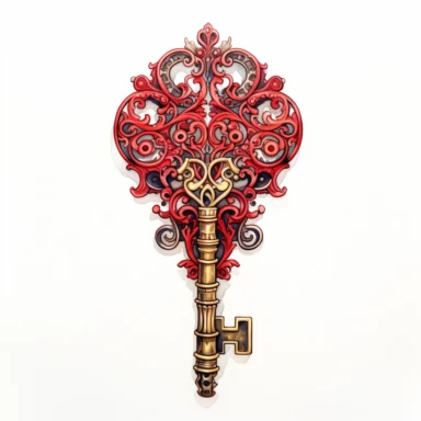Watercolor intricate steampunk illustration of red key, clipart on white background, HQ, HD