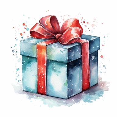 Christmas gift box watercolor illustration. Clipart element on white background
