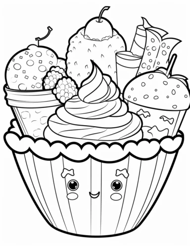 Kawaii Ice Cream with delightful designs and flavors, like blueberry, chocolate chip, and banana For Simple Coloring page,line art, thick lines, black and white,clipart, illustration, on white background,margin Page 10px