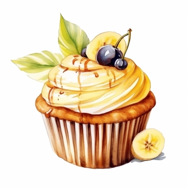 Design a clipart image of an banana cupcake in a watercolor style, with banana decoration and a topping. You can also add some colorful candy or chocolate chips to make it more attractive. You can add white flowers and green leaves to the design.