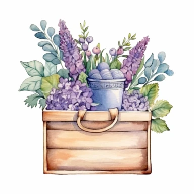 Design a captivating hand-drawn watercolor clip art image of a family gift niche embellished with birth flowers. Customize the image for a family of five: a February baby (Violet), an April baby (Sweet Pea), a July baby (Larkspur), an October baby (Marigold), and a December baby (Holly). Enhance the image by including delicate watercolor foliage surrounding the birth flowers, adding depth and a touch of nature to the composition.