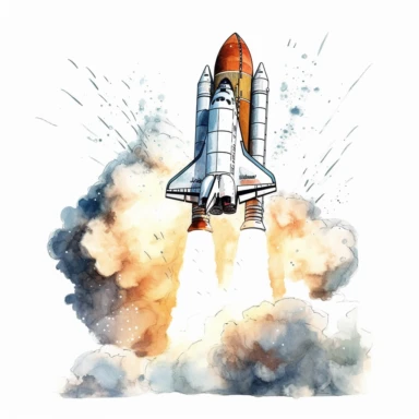 A clipart of a space shuttle launching with smoke billowing beneath it, created in watercolor style, all on a white background.
