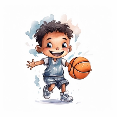 cute Watercolor cartoon basketball player, clipart, white background