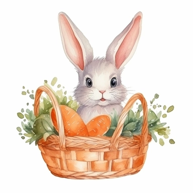 clipart, baby bunny in a basket full of carrots, watercolor, vector, isolated white background, 16k