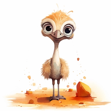 a watercolor painting of very cute baby Ostrich with big eyes walking, clipart with a little safari stones and sand on the flor style of pixar