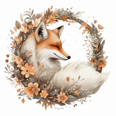 fox sleepy moon clip art october download, in the style of intricate, delicate flower and garden paintings, light white and orange, the stars art group (xing xing), dreamy watercolor florals, faux naïf, shaped canvas,white backgound