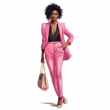 Professional black woman pink pants suit, facing camera, very fashionable, happy, confident, carrying small designer handbag, wearing high heels and bold jewelry. Illustration style, clip art