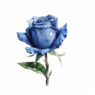 Realistic watercolour illustration, single blue rose bud with high detail droplet, high detail, clear edges, clipart isolated on pure white background