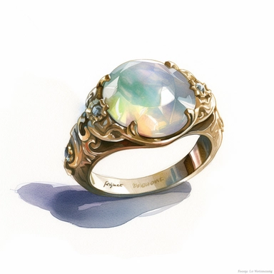 A simple clipart, gouache, white black opal engagement vintage Ring, by john singer sargent. pastel shades, HD, intrincate details, on white background, spaced out.
