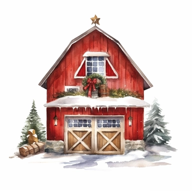 vector watercolor close up winter christmas farm barn decorated in Christmas style decor in winter clipart on white background, close up view, winter christmas farm barn, photorealistic, ultrarealistic, no background, on white