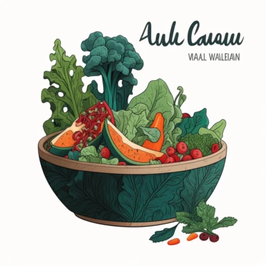 An illustration of a vegan salad bowl with raw veggies like kale, cucumber, bell peppers, and carrots, topped with a delicious fruit dressing CLIPART.