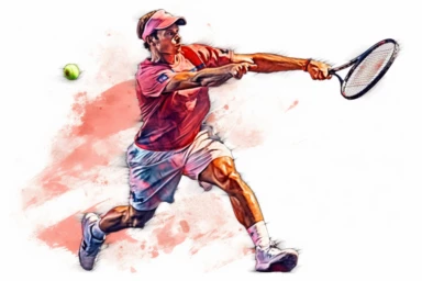 Watercolor, Create an illustration of a tennis player volleying the ball at the net clipart, hd, on a white background, spaced out
