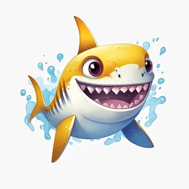 cutest shark cartoon, cute eyes, yellow, surrounded by waves, cute small teeth, watercolor clipart