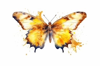 Watercolor, Generate an image of a Little Yellow butterfly in mid-flight, showcasing its delicate wings and vibrant yellow color, clipart, hd, on a white background, spaced out