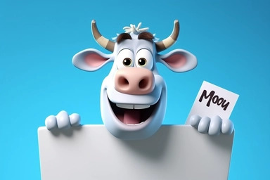 character cartoon cow with banner in clipart 3d image, in the style of unreal engine 5, natalia rak, movie still, matte photo, lightbox, relief, white and cyan