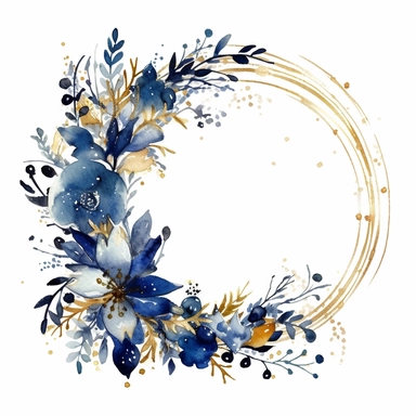 whimsical watercolour boho gold and navy blue clip art Christmas wreath decorated with small gifts, watercolor, splatters, white background, 32k