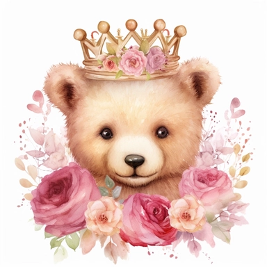 a delightful watercolor clipart image with a pink background and golden accents, portraying a baby bear wearing a golden crown, surrounded by a garden of pink flowers. The ultra-detailed, hand-drawn elements capture the regal and elegant nature of the baby bear. Use shades of pink, from pale petal pink to deep magenta, combined with golden highlights, to create a visually appealing and royal image that conveys a sense of beauty and grace.
