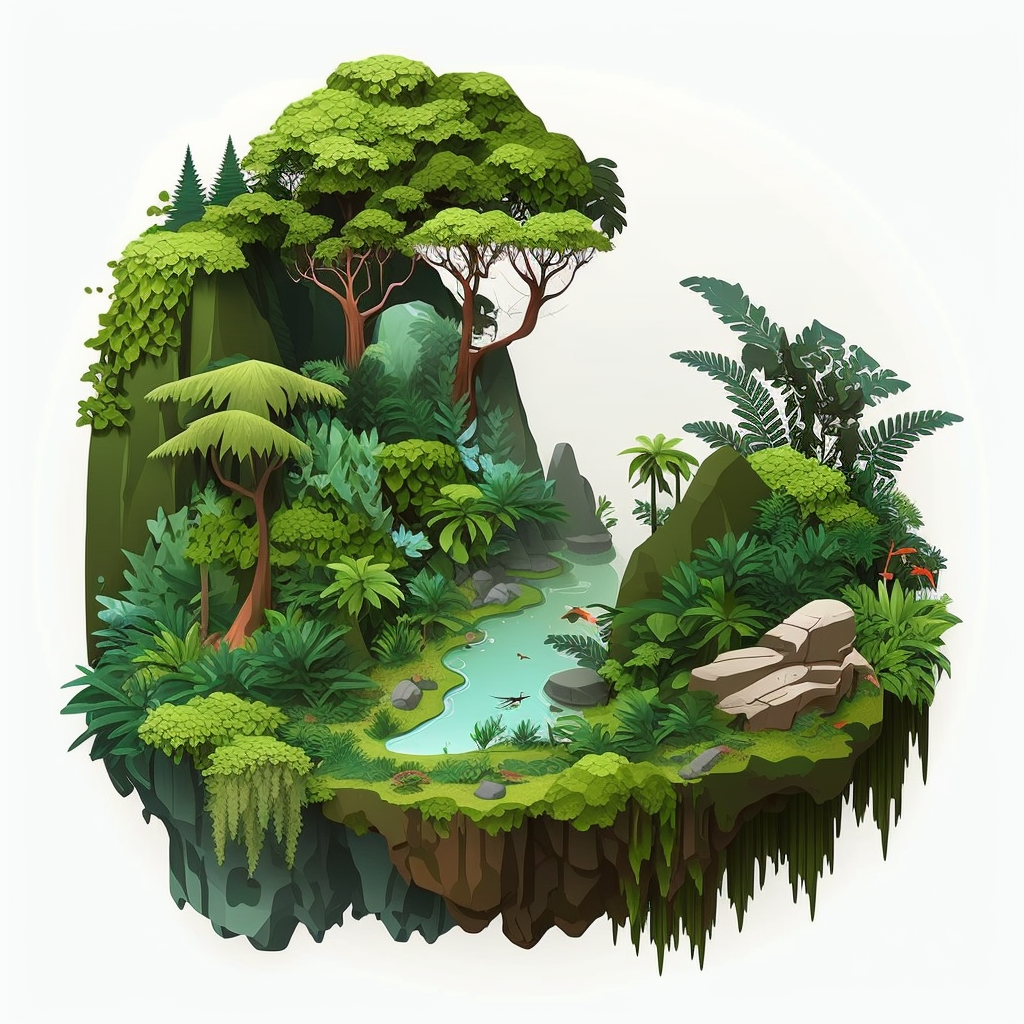 A clipart style scene of a rainforest transitioning into a grassland ...