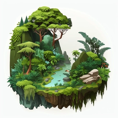 A clipart style scene of a rainforest transitioning into a grassland and then a rocky mountainous environment. It should be highly detailed with lots of plants in the rainforest. The rainforest is 50% of the scene