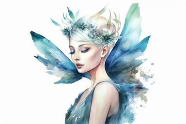 Watercolor delicate fairy queen with pointed ears in teals and blues, clipart, hd, white background, spaced out,