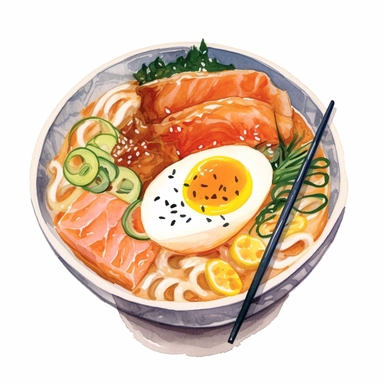 a delightful watercolor, hyper-realistic clipart image with a white background and white margins, showcasing a bowl of ramen. The ultra-detailed, hand-drawn elements capture the golden batter and tender fish. Use whimsical touches to add a sense of freshness, and bold shades of yellow and brown to evoke the comforting and satisfying nature of this classic fast food dish
