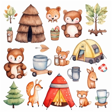 cute kawaii camping clipart set, watercolor, ,white background