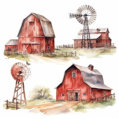 Watercolor Barns Clipart. Farm Style. Red Barn House, Horse, Tractor, Windmill, Wood Gate Illustrations. Wedding Invitation DIY white background