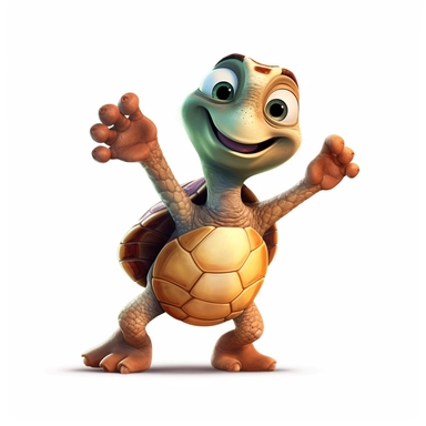 a cute adorable sea turtle with a big smile, dancing, full body image, waving hand, pixar style, clipart, white background
