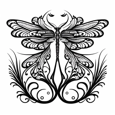 symmetrical dragonfly style fairy wings in art nouveau style, black lines, detailed, flat design, flat flowers embedded into the wings, white background, clipart style, black and white,