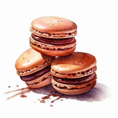 Commercial shot of ultra - realistic watercolor painting of really delicious chocolate macaroons clipart, aesthetic, good looking food, delicious, yummy, foodie, healthy, white background no text, isolated on white, watercolor illustration, award winning, strong and sharp lines