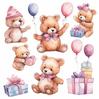 watercolor cute happy teddy bear clip art pack, pink colors birthday party