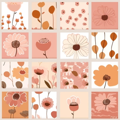 pink and brown flower clipart set, in the style of victor pasmore, light orange and light pink, free brushwork, henri rousseau, stencils, mural-like compositions, elsa beskow