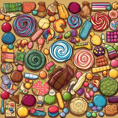 Subject: Various types of candy Type: Detailed and realistic cartoon art Position: Overhead view Design a colorful and eye-catching clipart of different types of candy. Show a wide array of sweet treats, including lollipops, chocolates, gummies, and hard candies. Use vibrant colors and intricate details to bring each confection to life. Draw the candies in a way that makes them look irresistible and delicious. The overhead view will provide a unique perspective, making the viewer feel like they'