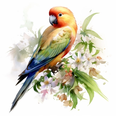 peach-faced lovebird,FLOWERS, watercolor painting by JOHN SINGER SARGENT, clipart, white background