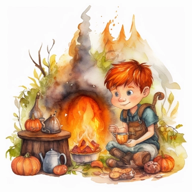 Create One clipart inspired by fire boy: The clipart exudes a cozy ambiance, with a sense of warmth and tranquility. , discovering its secrets and.cozzy watercolor style. in 4K. so it can be used in fantasy books. beautifull coloring