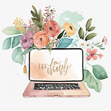 virtual assistant, laptop with flowers behind it, watercolor, flowers, happy, clipart
