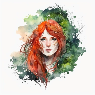 short red hair with bangs female forest fantasy druid watercolor clipart
