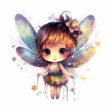 Captivating little Cute Chibi fairy with multi-colored wings, surrounded by sparkling lights, captivating observers with an enchanting smile, deep, captivating eyes, and sparkling wings, against a white background filled with deep, high-contrast colors, creating a mesmerizing and joyful scene. on white background, clipart, watercolor