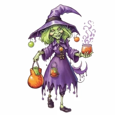witch holding a potion, full body Clipart, hand draw Illustration clipart, 4K, extremely detailed, isolated on white background