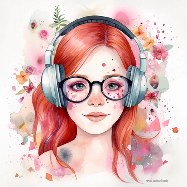 watercolor clipart with wihite background enchanting red haired girl with headphones and black sunglasses on with a beautiful background pastel pinks and black! a fantasy world of world of whimsy and wonder with these detailed and adorable is meticulously designed with charming features, vibrant colors, and intricate details that will captivate both children and adults alike