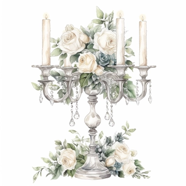 Hand drawn tall 3 tiered crystal candelabra wedding centerpiece, white roses and white flowers with greenery, sparkly crystals, glamorous, very detailed and realistic, watercolor, clipart style, white background with margins