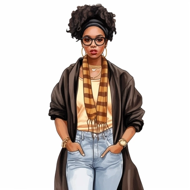 Black girl with old school fashion clothes, watercolor style, clipart solid white background