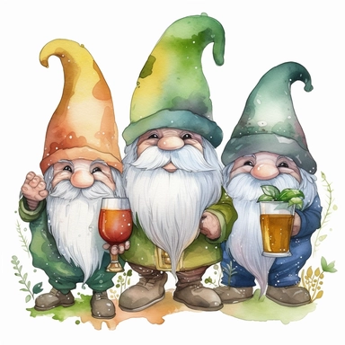 semi-cartoon style hand drawn watercolour clipart set of 3 cute gnomes with large bulbous noses in bright boho colors holding a glass of green beer each, white background, 300 dpi, high quality digital art suitable for printing, spaced apart